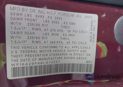 2008 Porsche Cayenne from USA, damaged, VIN WP1AA29P48LA13257